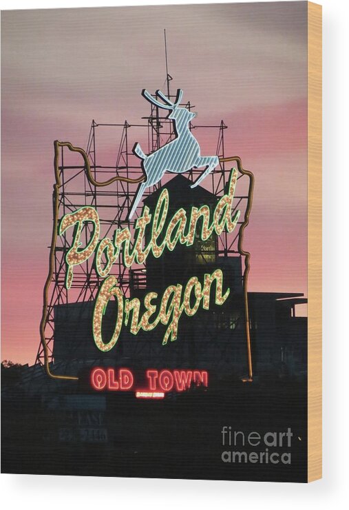 Portland Wood Print featuring the photograph Portland Sign at Burnside by Tom Maxwell