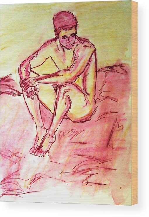 Cheap Painting Wood Print featuring the painting Portrait of Thinking Young Male Seated Figure Nude Watercolor Painting in Purple Yellow Sketchy by M Zimmerman