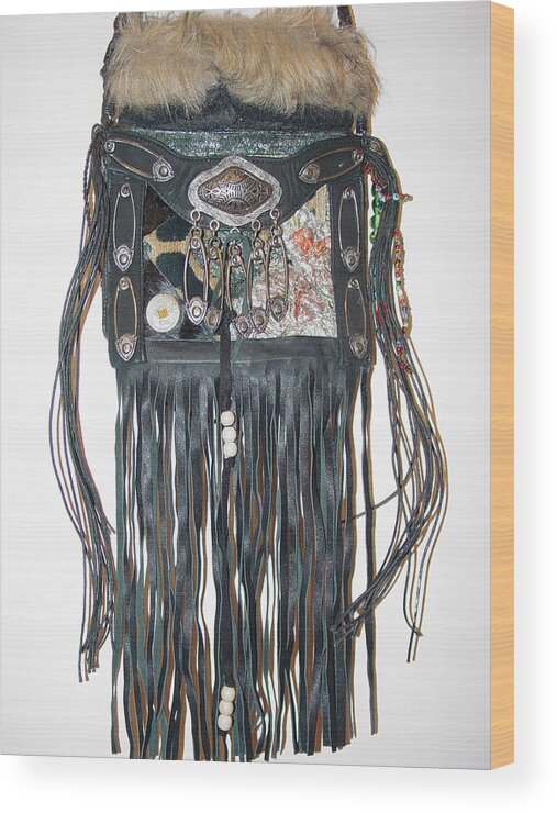 Re-purposed Materials Wood Print featuring the mixed media Punk Biker Purse closer up by Lorraine Stone