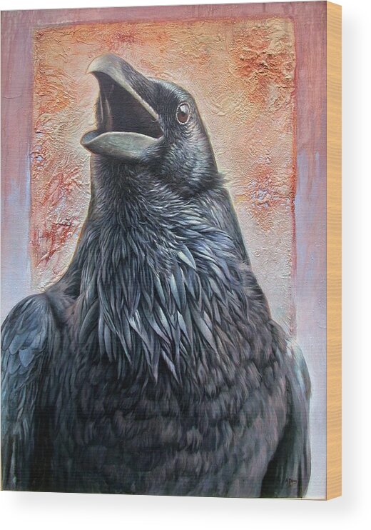 Raven Wood Print featuring the painting Raven by Hans Droog