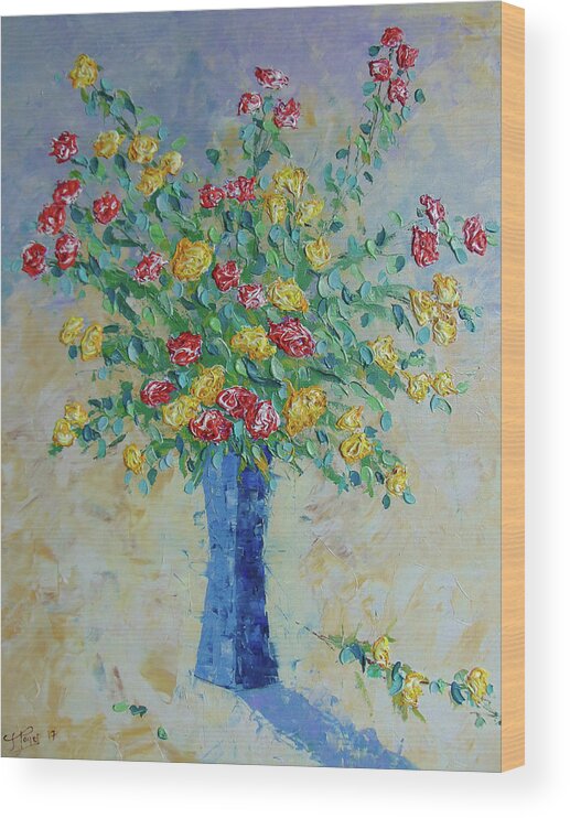 Frederic Payet Wood Print featuring the painting Red and yellow carnations by Frederic Payet