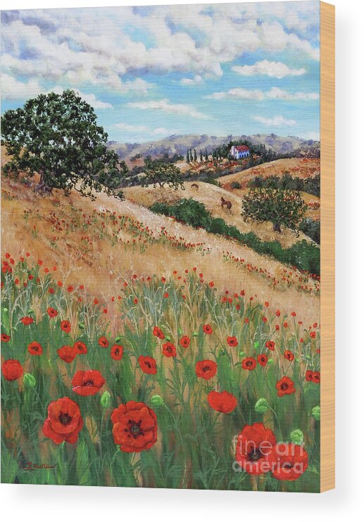Landscape Wood Print featuring the painting Red Poppies and Wild Rye by Laura Iverson