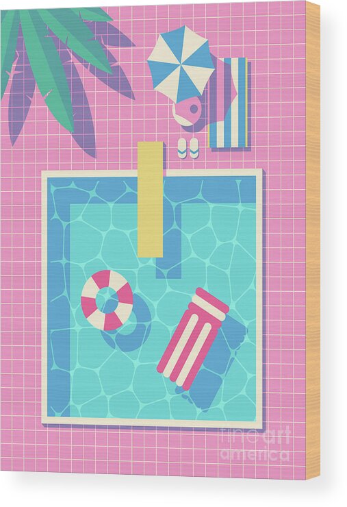 Swim Wood Print featuring the digital art Retro 80s Swimming Pool by Organic Synthesis