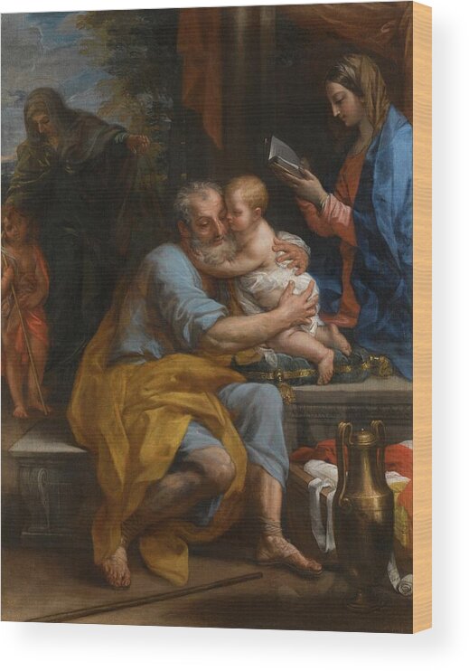 Carlo Maratta The Holy Family Wood Print featuring the painting Saint Joseph Embracing The Christ Child by Carlo Maratta
