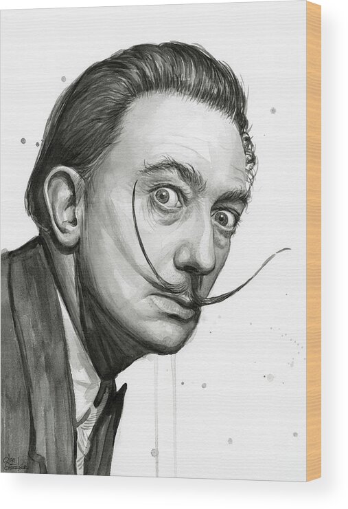 Salvador Dali Wood Print featuring the painting Salvador Dali Portrait Black and White Watercolor by Olga Shvartsur