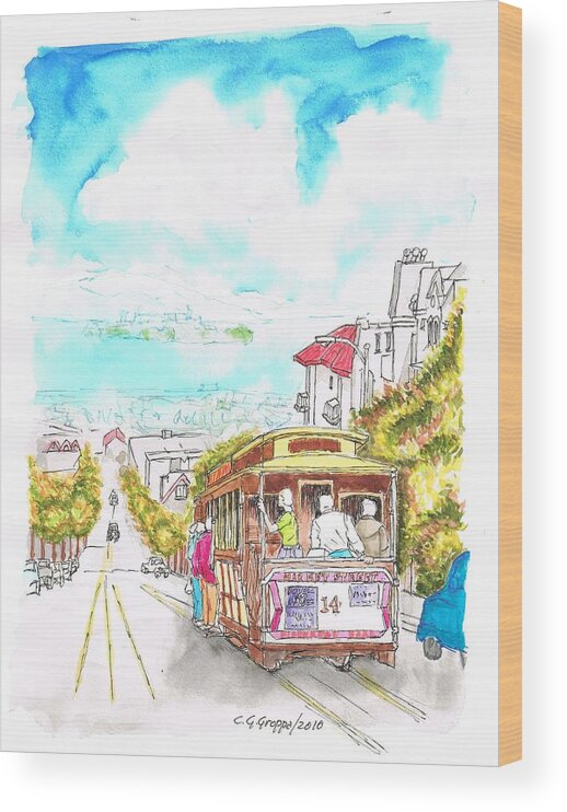 Outdoor Wood Print featuring the painting San Francisco trolley - California by Carlos G Groppa