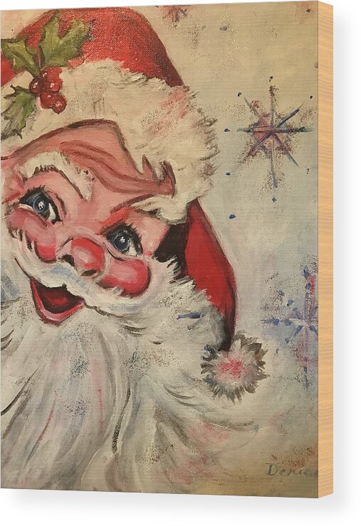  Wood Print featuring the painting Santa and Snowflakes by Denice Palanuk Wilson