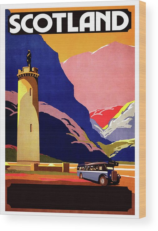 Scotland Wood Print featuring the digital art Scotland, bus tour, vintage travel poster by Long Shot