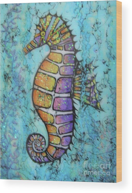Turquoise Wood Print featuring the painting Seahorse Downunder by Midge Pippel