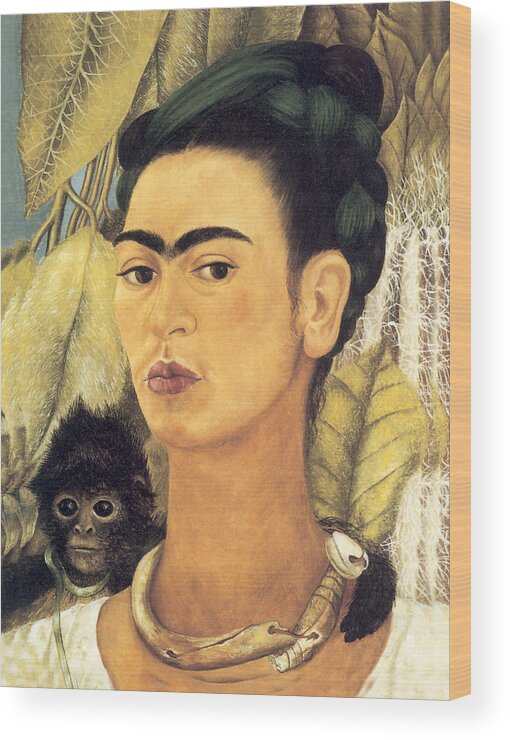 Self Portrait With Monkey Wood Print featuring the painting Self Portrait with Monkey by Frida Kahlo