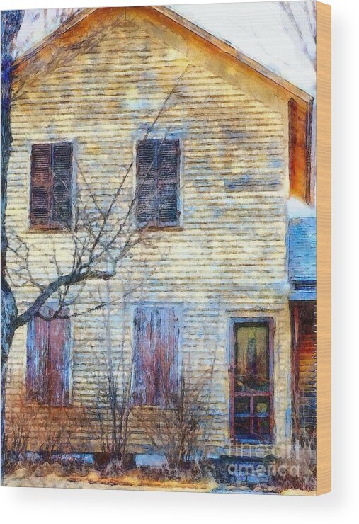 Farmhouse Wood Print featuring the photograph September's gone - Yellow farmhouse windows by Janine Riley