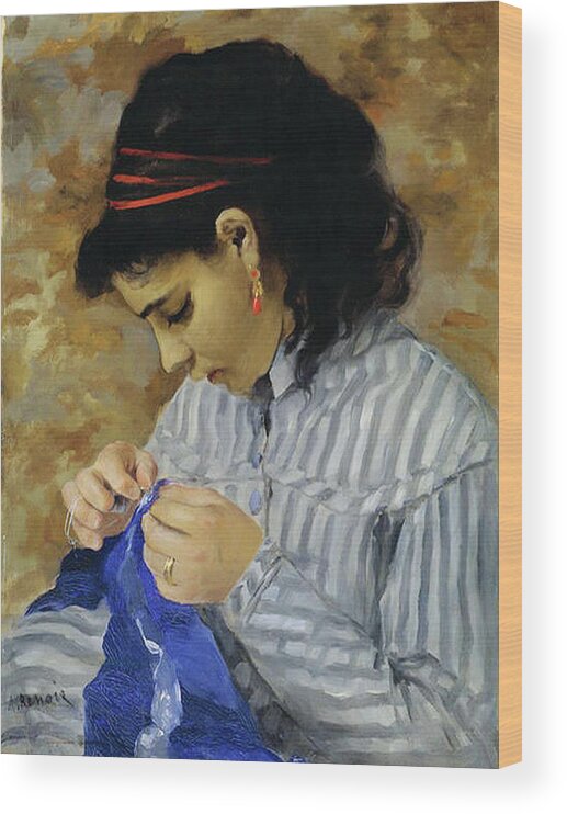 Sewing Wood Print featuring the mixed media Sewing Vintage Girl Simpler Times by Pierre Auguste Renoir