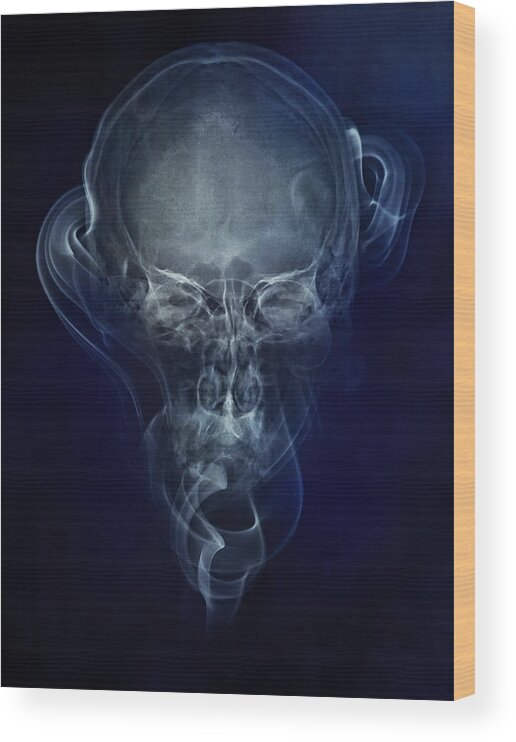 Skull Wood Print featuring the photograph Skulls and smokes - blue version by Jaroslaw Blaminsky
