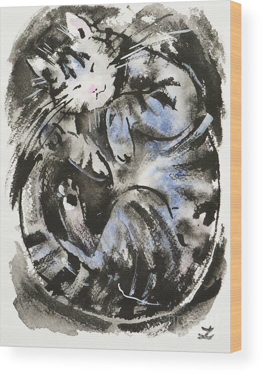 Tabby Cat Wood Print featuring the painting Sleeping Tabby Cat by Zaira Dzhaubaeva