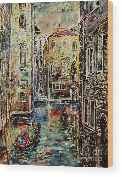 Watercolor And Wax Crayon Wood Print featuring the painting Somewhere in Venice by Almo M