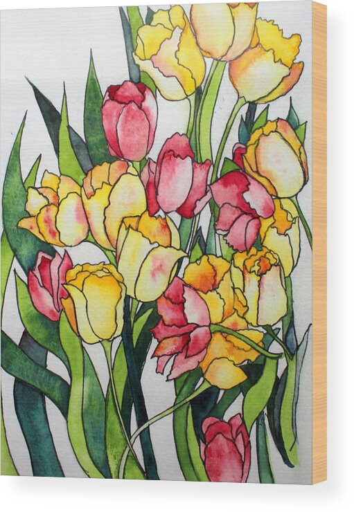 Tulips Wood Print featuring the painting Stained Glass Tulips Watercolor by Kimberly Walker