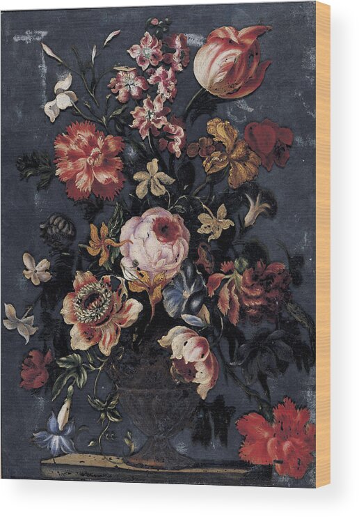 Mario Nuzzi Wood Print featuring the painting Still Life of Flowers in an Urn by Mario Nuzzi