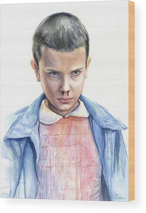 Strager Things Wood Print featuring the painting Stranger Things Eleven Portrait by Olga Shvartsur