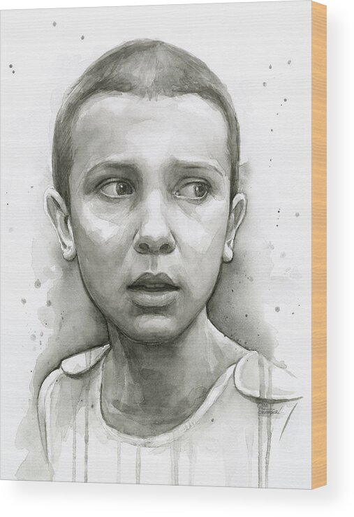 Stranger Things Wood Print featuring the painting Stranger Things Eleven Upside Down Art Portrait by Olga Shvartsur