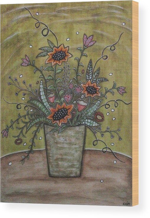 Folk Art Paintings Paintings Wood Print featuring the painting Sunflower Bouquet by Rain Ririn
