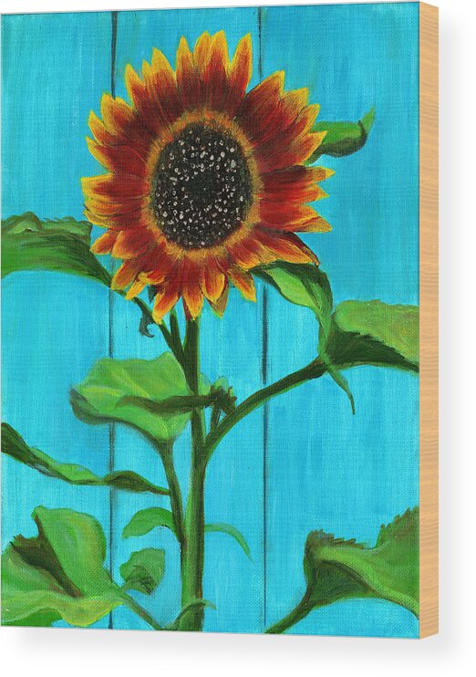 Sunflower Wood Print featuring the painting Sunflower On Blue by Debbie Brown