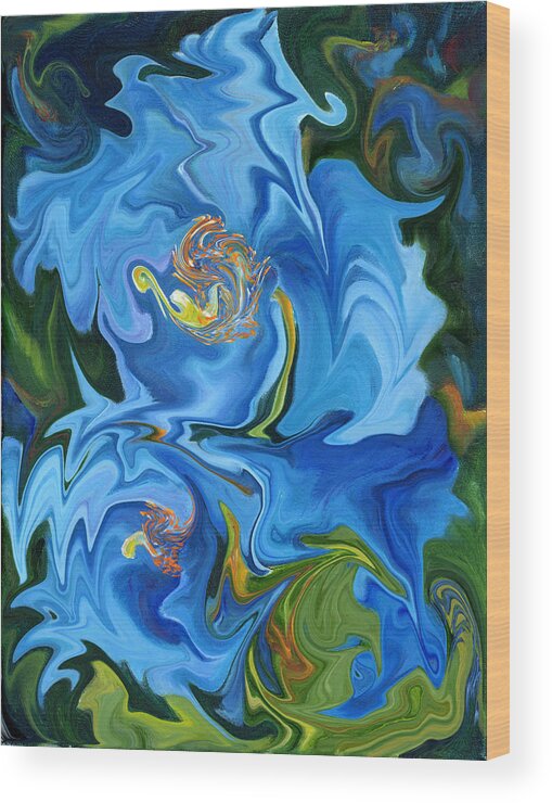 Abstract Wood Print featuring the painting Swirled Blue Poppies by Renate Wesley