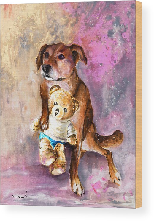 Truffle Mcfurry Wood Print featuring the painting Teddy Bear Caramel And Dog Douchka by Miki De Goodaboom