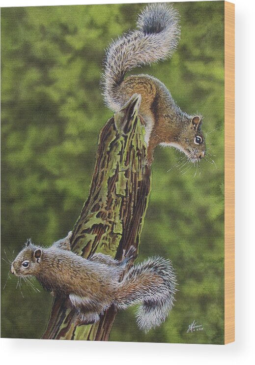 Squirrel Wood Print featuring the painting The Chase by Greg and Linda Halom