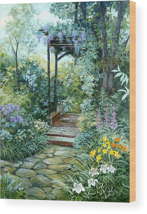 Oil Painting;wisteria;garden Path;lilies;garden;flowers;trellis;trees;stones;pergola;vines; Wood Print featuring the painting The Garden Triptych Right Side by Lois Mountz