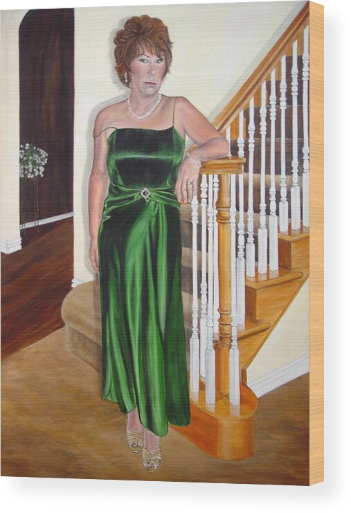 Self-portrait Wood Print featuring the painting The Lady in Green by Bonnie Peacher