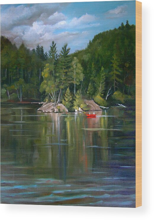 White Mountain Art Wood Print featuring the painting The Rock On Mirror in Woodstock New Hampshire by Nancy Griswold