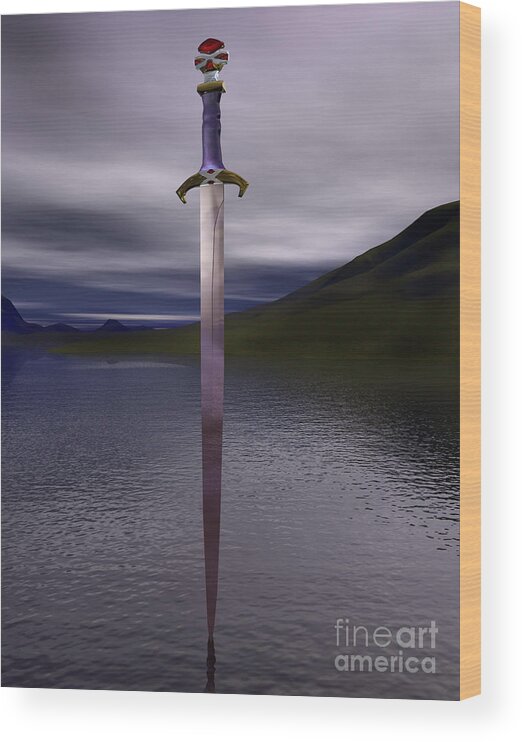 Arthur Wood Print featuring the digital art The sword excalibur on the lake by Nicholas Burningham