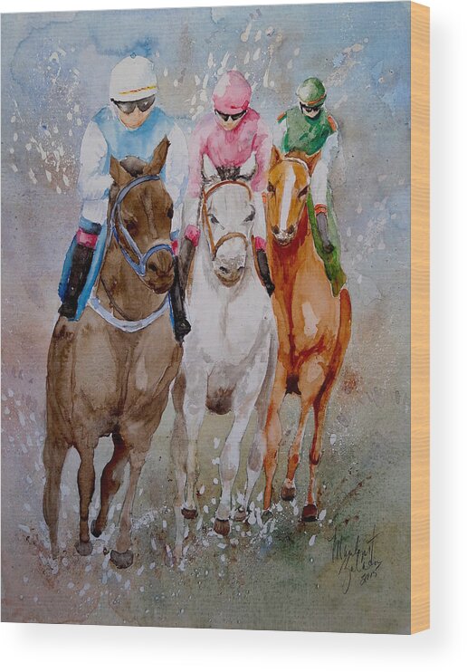 Horse Wood Print featuring the painting They're Off by Marilyn Zalatan