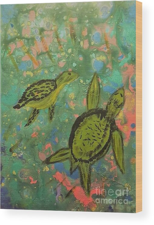Turtles Wood Print featuring the painting Tiny Turtles by Deborah Selib-Haig