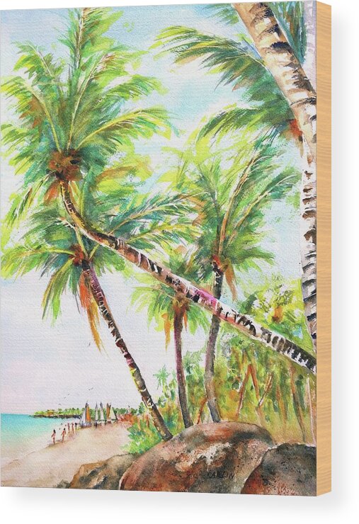 Beach Wood Print featuring the painting Tropical Beach Coconut Palms by Carlin Blahnik CarlinArtWatercolor