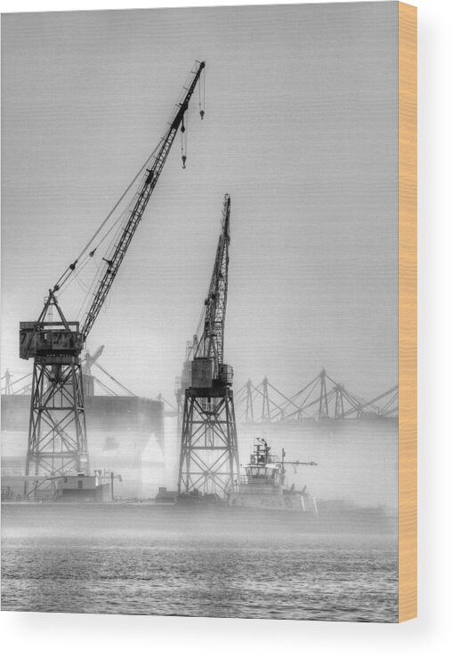 Los Angeles Harbor Wood Print featuring the photograph Tug with Cranes by Joe Schofield