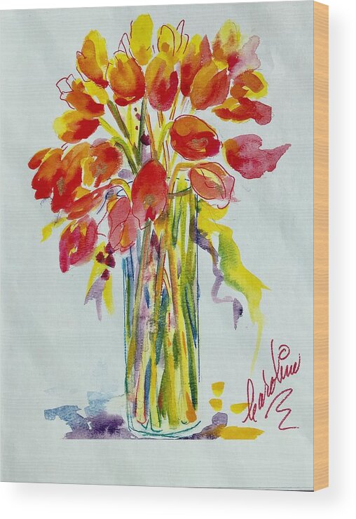 Red Tulips Wood Print featuring the painting Tulip Fire Element by Caroline Patrick
