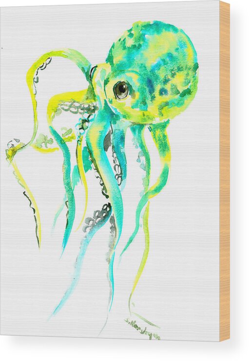 Turquoise Art Wood Print featuring the painting Turquoise Green Octopus by Suren Nersisyan