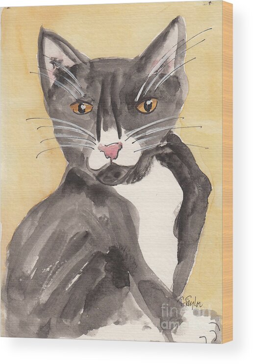 Cat Wood Print featuring the painting Tuxedo Cat with Attitude by Terry Taylor