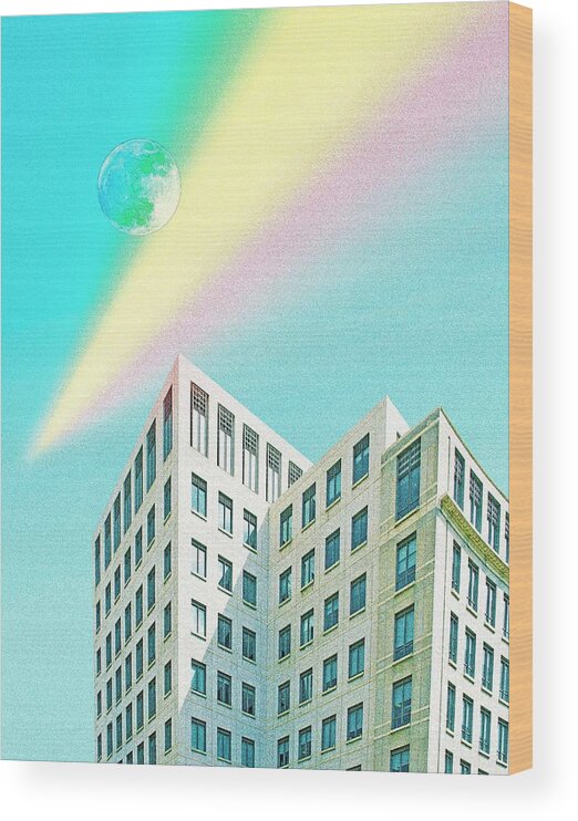 City Wood Print featuring the painting Urban Moon by Adam Asar 9m by Celestial Images