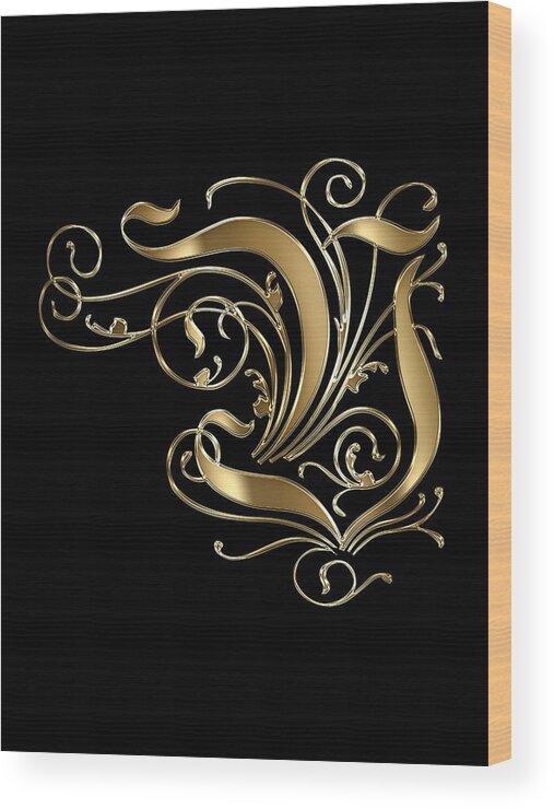 Golden Letter V Wood Print featuring the painting V Golden Ornamental Letter Typography by Georgeta Blanaru