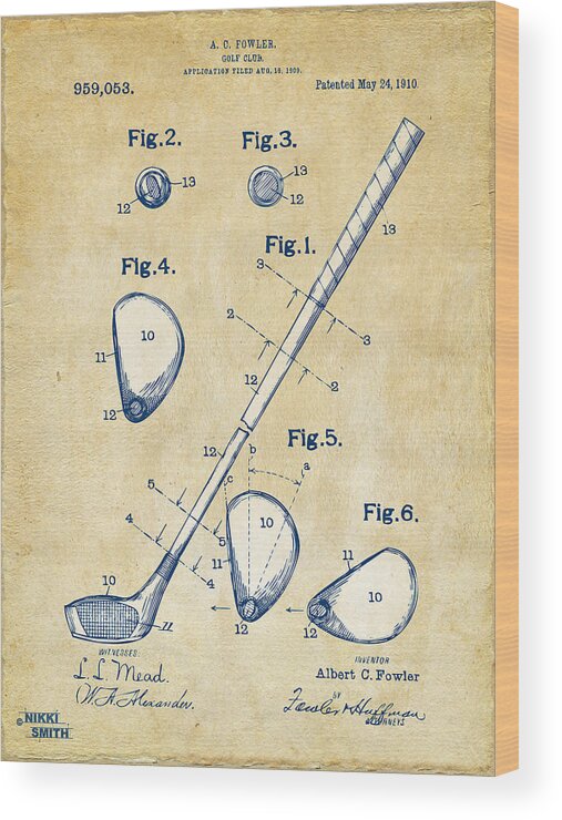 Golf Wood Print featuring the digital art Vintage 1910 Golf Club Patent Artwork by Nikki Marie Smith