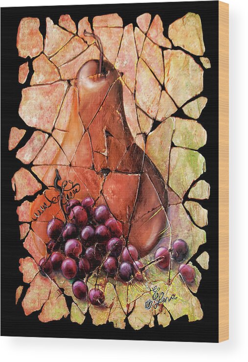  Fresco Antique Painting Grape Wood Print featuring the painting Vintage Pear And Grapes Fresco  by OLena Art by Lena Owens - Vibrant DESIGN