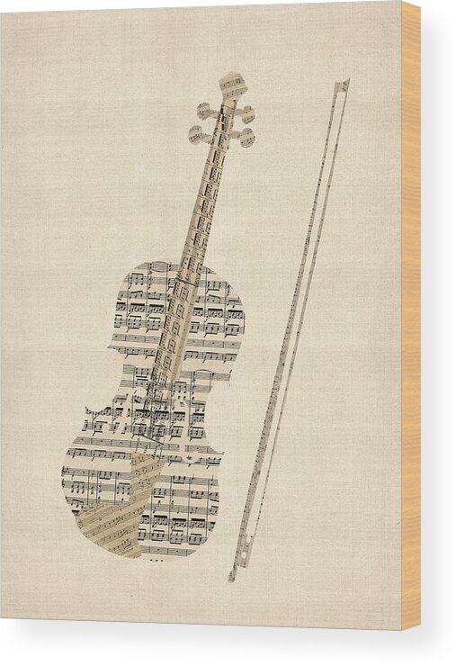 Violin Wood Print featuring the digital art Violin Old Sheet Music by Michael Tompsett