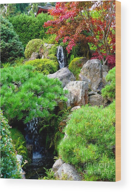 Garden Wood Print featuring the photograph Waterfalls in Japanese Garden by Carol Groenen