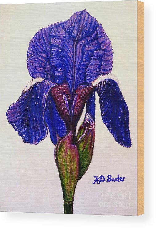 Siberian Iris With Raindrops Deep Purple Blue Or Lapis Blue Magenta Tinged Leaves And Newly Formed Buds On Stem Upright Form Neutral White Off White Background Acrylic Painting Iris Paintings Flower Paintings Stationery And Decor Art Stamp Wood Print featuring the painting Weeping Iris by Kimberlee Baxter
