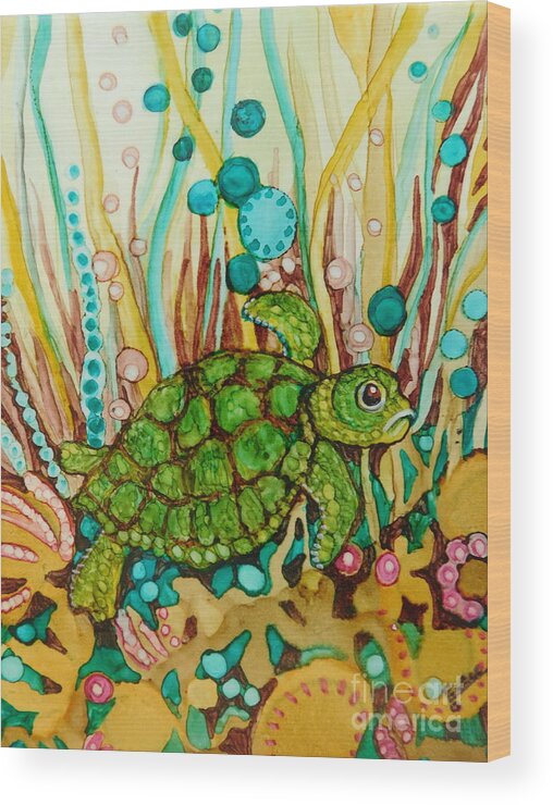 Imaginary Wood Print featuring the painting Whimsical Turtle by Joan Clear