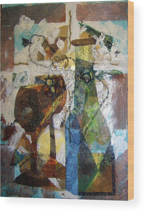 Mixed Media Collage Acrylic Abstract Wine Bottle Glasses Goblets Collage Texture Metalics Wood Print featuring the painting Wine Bottle with Two Glasses by Terry Honstead