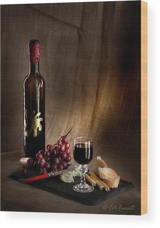 Fotofoxes Wood Print featuring the photograph Wine Cheese Grapes by Alexander Fedin