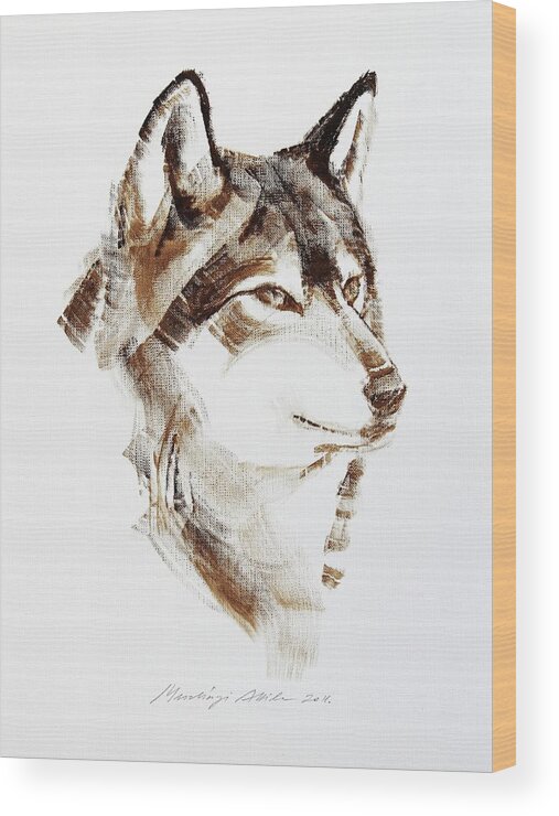 Wolf Wood Print featuring the painting Wolf Head Brush Drawing by Attila Meszlenyi